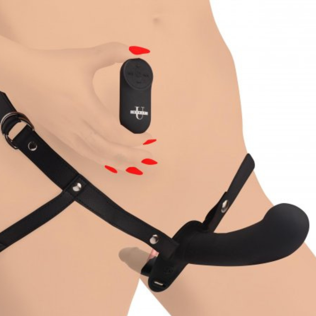 28X Double Diva 2 Inch Double Dildo with Harness and Remote Control - Black